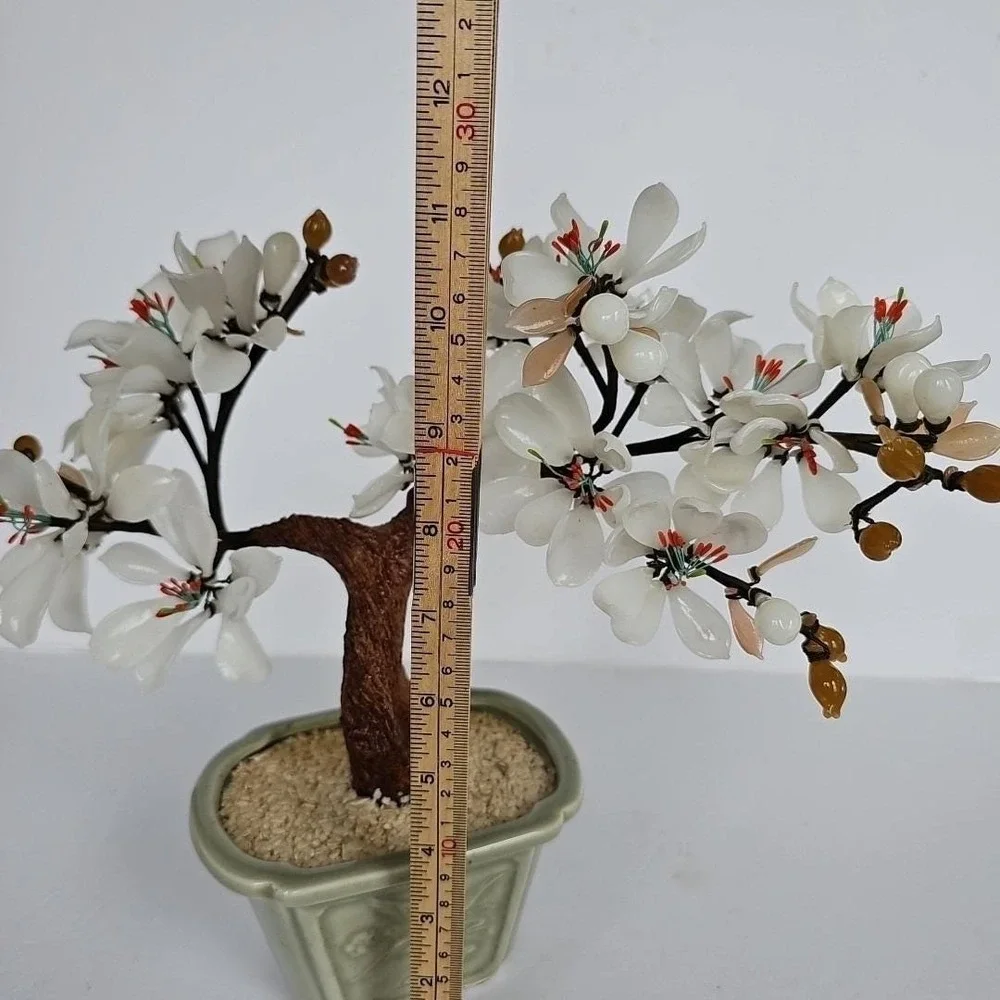 Vintage‎ Chinese Glass Bonsai Tree White Flower Celadon Pot Chinoiserie Decor